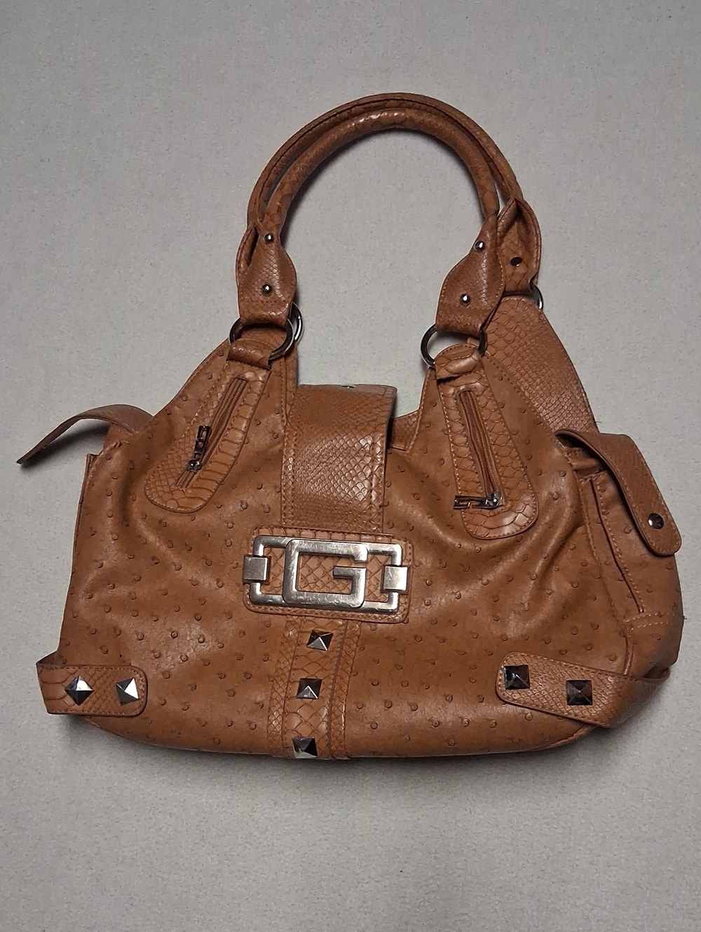 VINTAGE Y2K GUESS Tan Ostrich Embossed Studded Satchel Shoulder Bag
